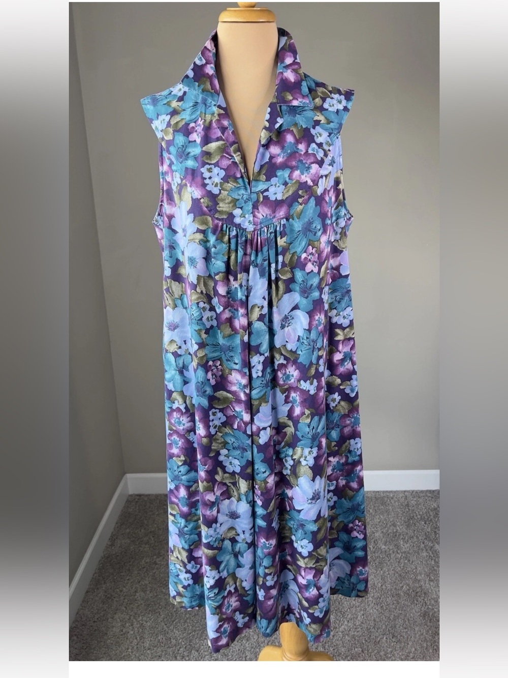 Vintage Yakko Purple Teal Floral Collared Sleeveless Shift Midi Dress M L